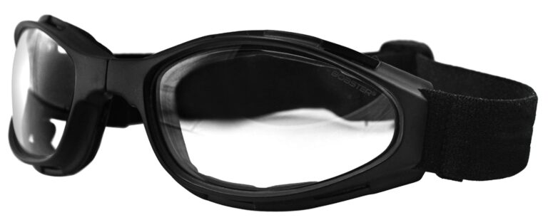 Bobster Crossfire Goggles, matte black frame with RX lens, clear lens. Angled left