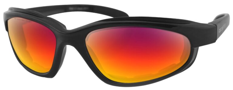 Bobster Fat Boy Sunglasses, matte black frame with purple high definition red revo mirror lens. Angled left