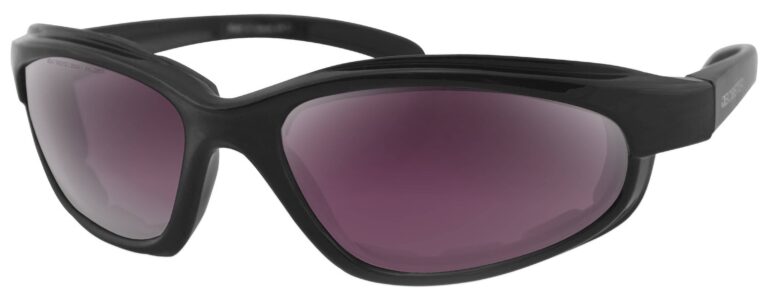 Bobster Fat Boy Sunglasses, matte black frame with purple high definition silver mirror lens. Angled left