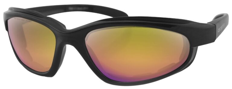 Bobster Fat Boy Sunglasses, matte black frame with purple high definition yellow revo mirror lens. Angled left