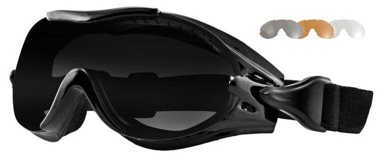 Bobster Phoenix Goggle, Gloss Black frame with clear, amber, smoke interchangeable lens. Angled left