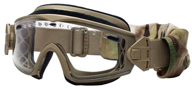 Smith Optics LoPro Regulator Goggle in Tan Frame with Clear and Gray Lens, Angled to the Side Left