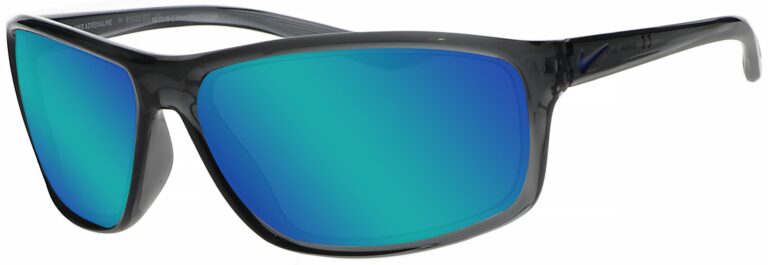 Nike Adrenaline in Dark Grey/Grey Frame with Blue Mirror Lens, Angled to the Side Left