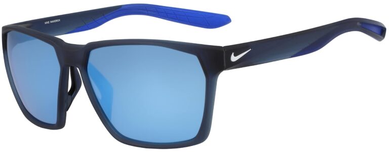 Nike Maverick Sunglasses in Matte Midnight Navy Frame with Frozen Blue Mirror Lens, Angled to the Side Left