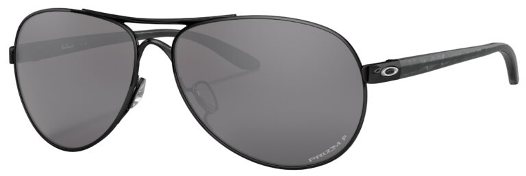 Oakley Feedback Sunglasses in a Polished Black frame with Prizm Black Polarized Lens. Angled left