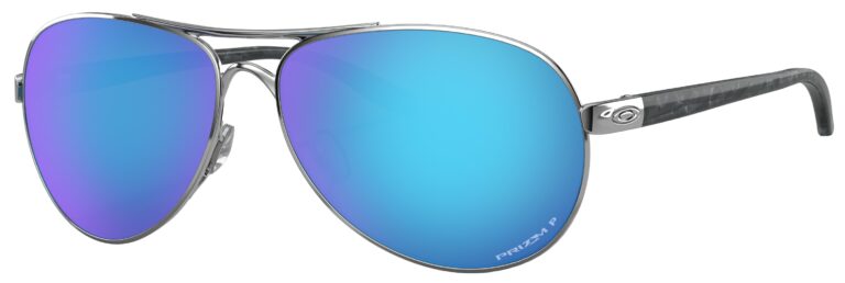 Oakley Feedback Sunglasses in a Polished Chrome frame with Prizm Sapphire Polarized Lens. Angled left