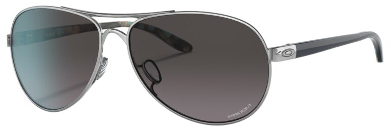 Oakley Feedback Sunglasses in a Polished Chrome frame with Prizm Gray Gradient Lens. Angled left