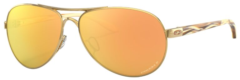 Oakley Feedback Sunglasses in a Polished Gold frame with Prizm Rose Gold Polarized Lens. Angled left