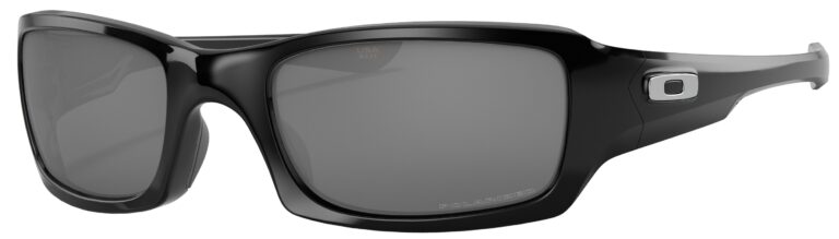 Oakley Fives Squared Sunglasses in a Polished Black frame with Black Iridium Polarized lens. Angled left