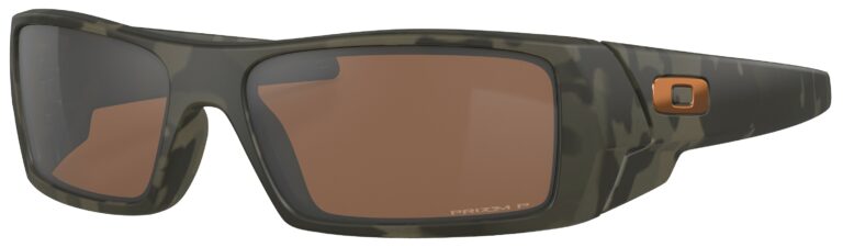 Oakley Gascan Sunglasses in a Matte Olive Camo with Prizm Tungsten Polarized Lenses. Angled left