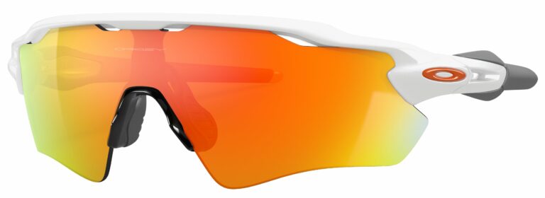Oakley Radar EV Path Sunglasses, Polished White with Fire Iridium Lenses. Angled left