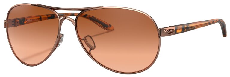 Oakley Feedback Sunglasses in a Rose Gold frame with VR50 Brown Gradient Lens. Angled left