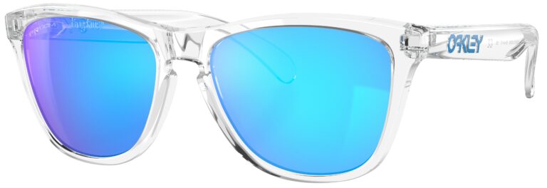 Oakley Frogskin Sunglasses in a Crystal Clear with Prizm Sapphire Lenses. Angled left