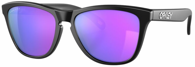 Oakley Frogskin Sunglasses in a Matte Black with Prizm Violet Lenses. Angled left