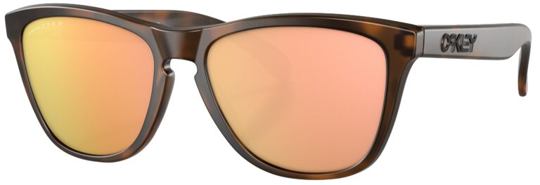 Oakley Frogskin Sunglasses in a Matte Brown Tortoise with Prizm Rose Gold Polarized Lenses. Angled left