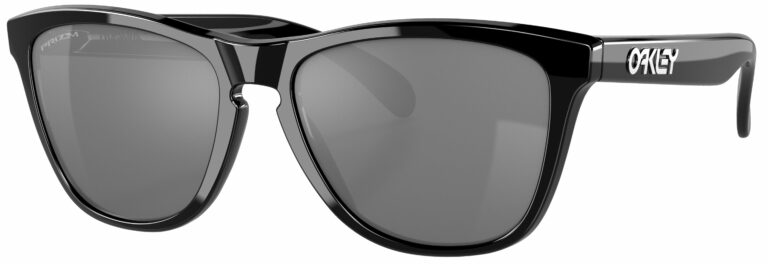 Oakley Frogskin Sunglasses in a Polished Black with Prizm Black Lenses. Angled left