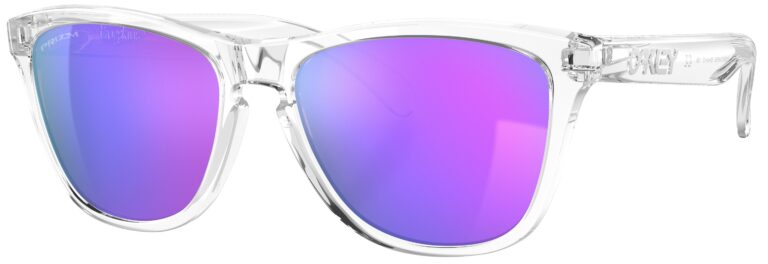 Oakley Frogskin Sunglasses in a Polished Clear with Prizm Violet Lenses. Angled left