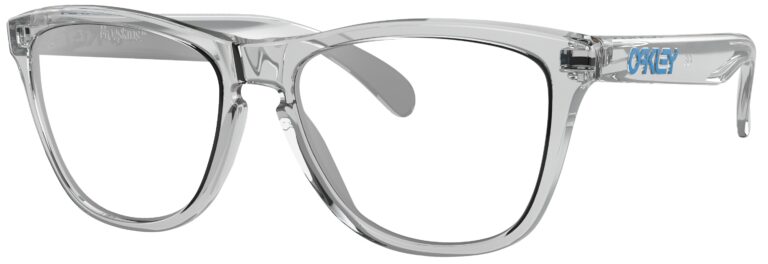Oakley Frogskin glasses in a Crystal Clear frame. Angled left