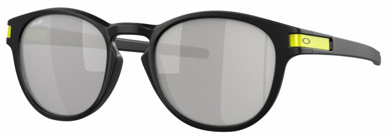 Oakley Latch Sunglasses in a Matte Black and Yellow with Chrome Iridium Lenses. Angled left