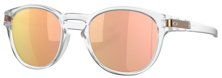 Oakley Latch Sunglasses in a Matte Clear with Prizm Rose Gold Polarized Lenses. Angled left