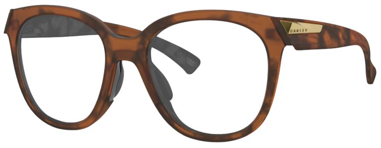 Oakley Low Key Glasses, Matte Brown Tortoise frame. Angled Left