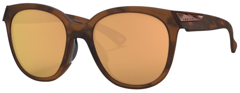 Oakley Low Key Sunglasses, Matte Brown Tortoise with Prizm Rose Gold Polarized Lenses. Angled Left