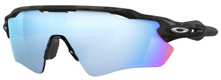 Oakley Radar EV Path Sunglasses, Matte Black Camo with Prizm Deep Water Polarized Lenses. Angled Left