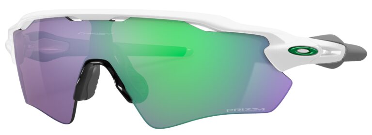 Oakley Radar EV Path Sunglasses, Polished White with Prizm Jade Lenses. Angled Left