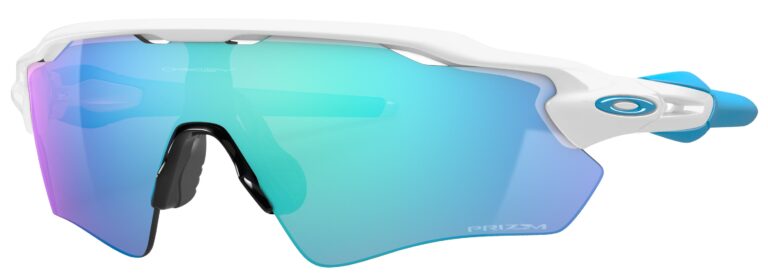 Oakley Radar EV Path Sunglasses, Polished White with Prizm Sapphire Lenses. Angled left