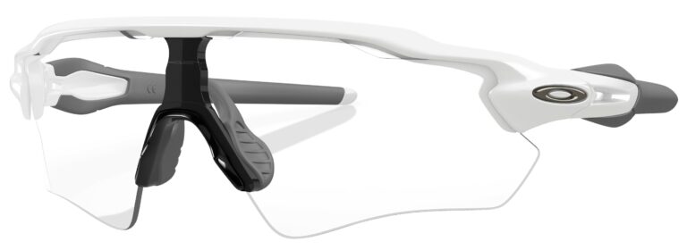 Oakley Radar EV Path Sunglasses, Polished White with Clear Lenses. Angled Left