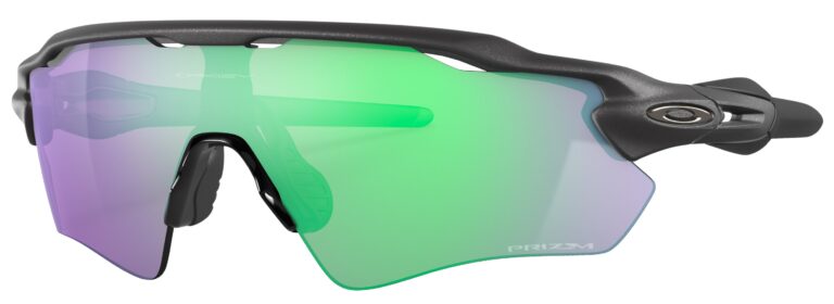 Oakley Radar EV Path Sunglasses, Steel with Prizm Road Jade Lenses. Angled Left