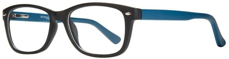 Affordable Designs Manny Eyeglasses, Blue frame. Angled left