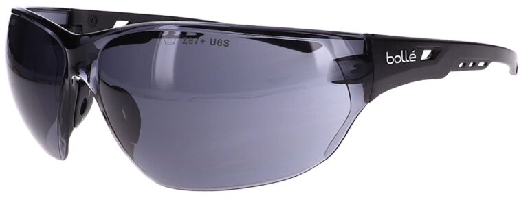 Bolle Ness Safety Glasses in a Black Frame with Smoke Lens; Angled Left