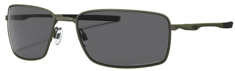 Oakley Square Wire Sunglasses, Carbon with Gray Polarized Lenses. Angled Left
