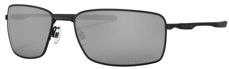 Oakley Square Wire Sunglasses, Matte Black with Black Iridium Polarized Lenses. Angled Left