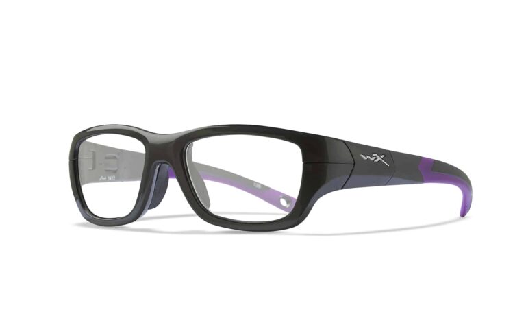 Wiley X Flash Youth Force Sport Glasses in Purple Frame with Flash Graphite Lens, Angled to the Side Left