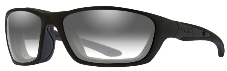 Wiley X Brick Sunglasses in Matte Black Frame with LA Adjusting Smoke Grey Lenses, Angled to the Side Left