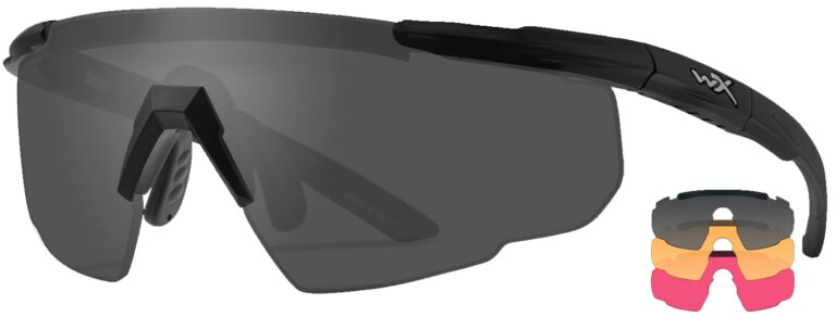 Wiley X Saber in Matte Black Frame with Smoke Grey, Light Rust, and Vermillion Lenses, Angled to the Side Left