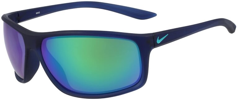 Nike Adrenaline M Sunglasses in Matte Midnight Navy/Clear Jade Frame with Green Mirror Lens, Angled to the Side Left