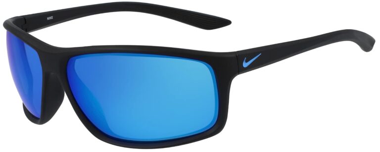 Nike Adrenaline In Matte Black Polar Grey Frame with Blue Mirror Lens, Angled to the Side Left