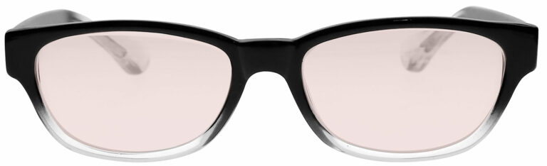 Real Glass Lens Reading Glasses in Black Clear Fade Frame with UV Blocking Pink Lens, Angled Front
