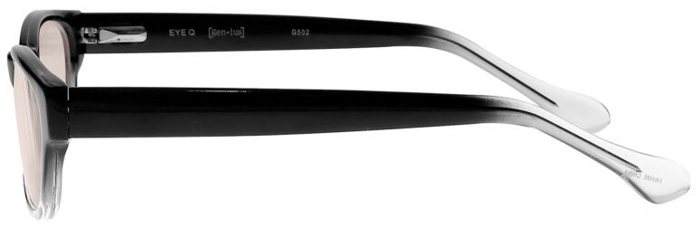 Real Glass Lens Reading Glasses in Black Clear Fade Frame with UV Blocking Pink Lens, Angled Left
