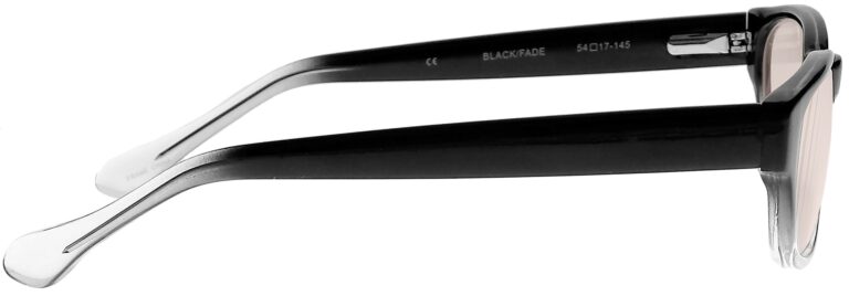 Real Glass Lens Reading Glasses in Black Clear Fade Frame with UV Blocking Pink Lens, Angled Right