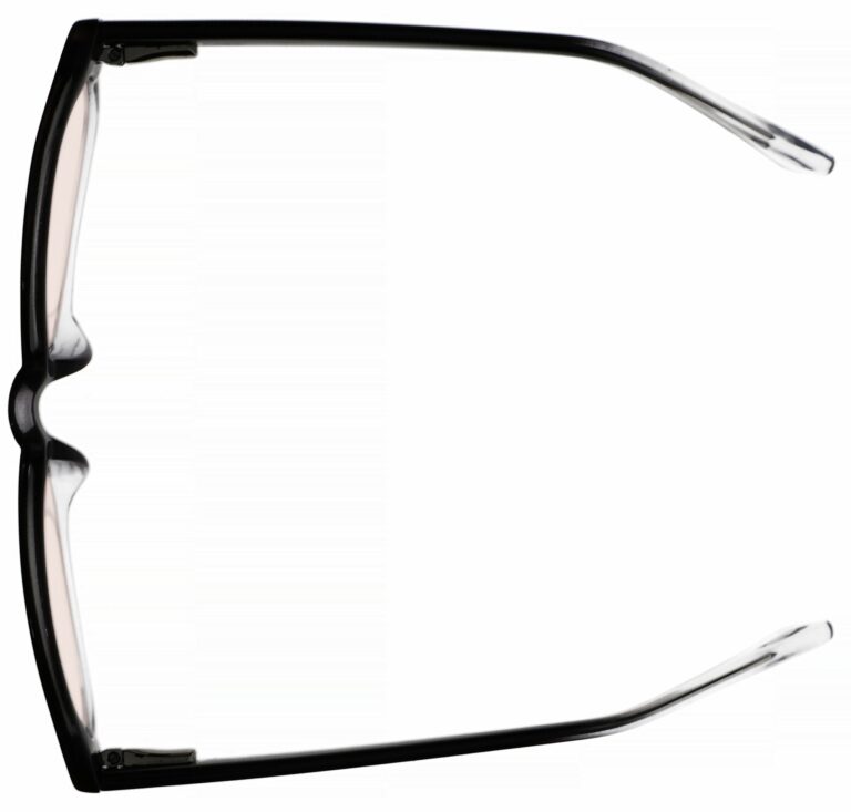 Real Glass Lens Reading Glasses in Black Clear Fade Frame with UV Blocking Pink Lens, Angled Top