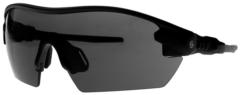 Prescription Safety Glasses 21504 in a Black Frame with Dark Gray Lens, Angled Left Side. PSG-GRY-21504