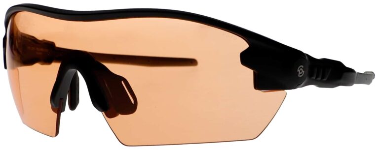Prescription Safety Glasses 21504 in a Black Frame with Orange Lens, Angled Left Side. PSG-ORG-21504