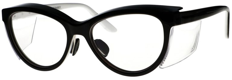 Prescription Safety Glasses T9730 Black and White Frame, Angled Left Side. RX-T9730-BKW
