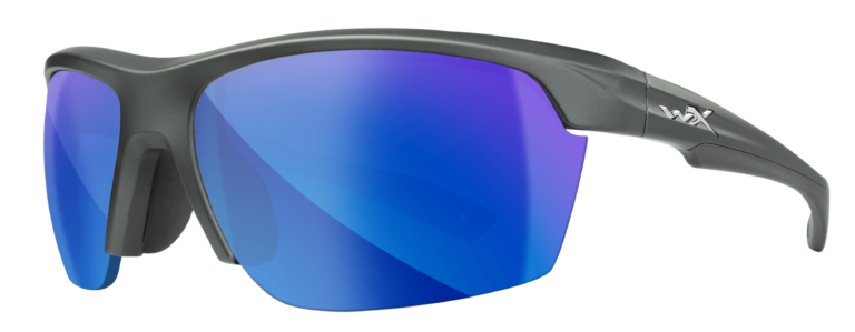 Wiley X Swift in a Graphite Frame, Blue Mirror Lenses. Angled Side Left. WX-YFSWF09