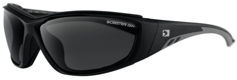 Bobster Rider Safety Sunglasses in a matte black frame with smoke lenses. Angled left side