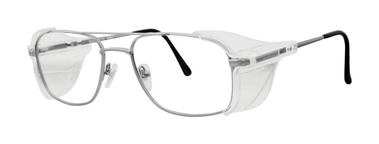 Pentax Beta Glasses, Gunmetal frame with side shields. Angled left